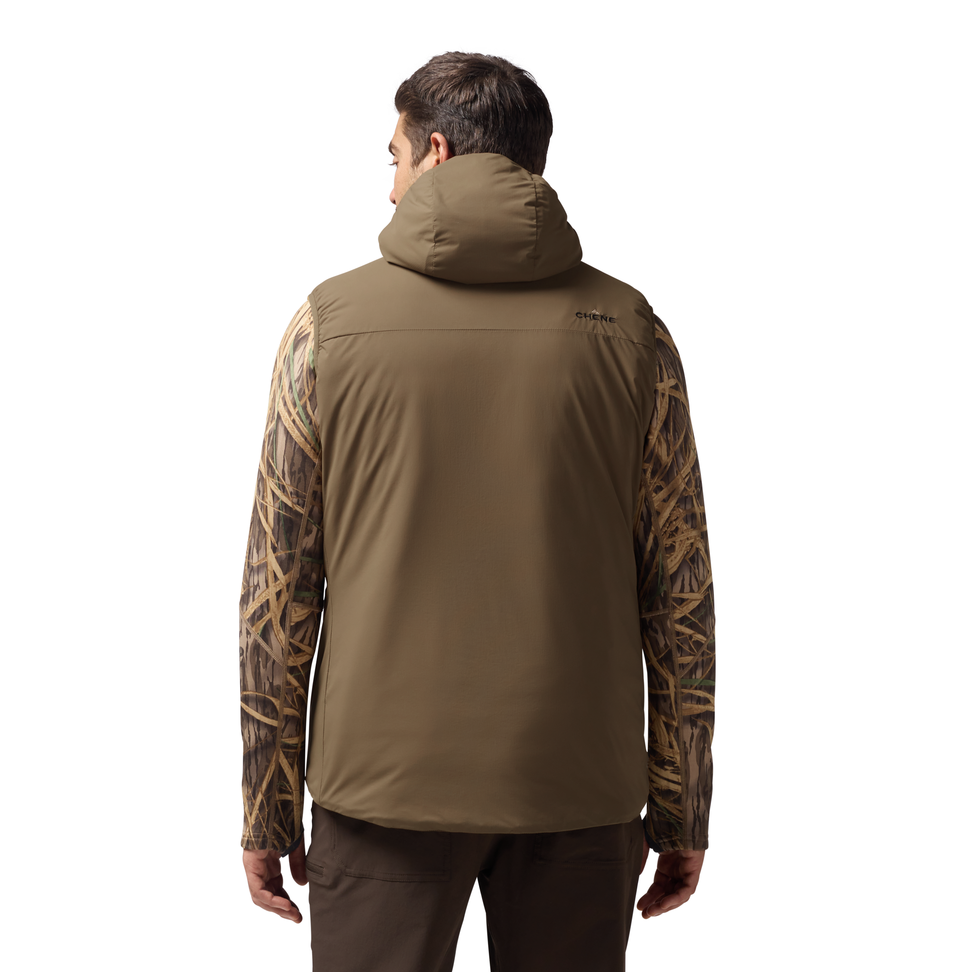 Flyweigh Hooded Vest in Field Khaki, on model #field_khaki