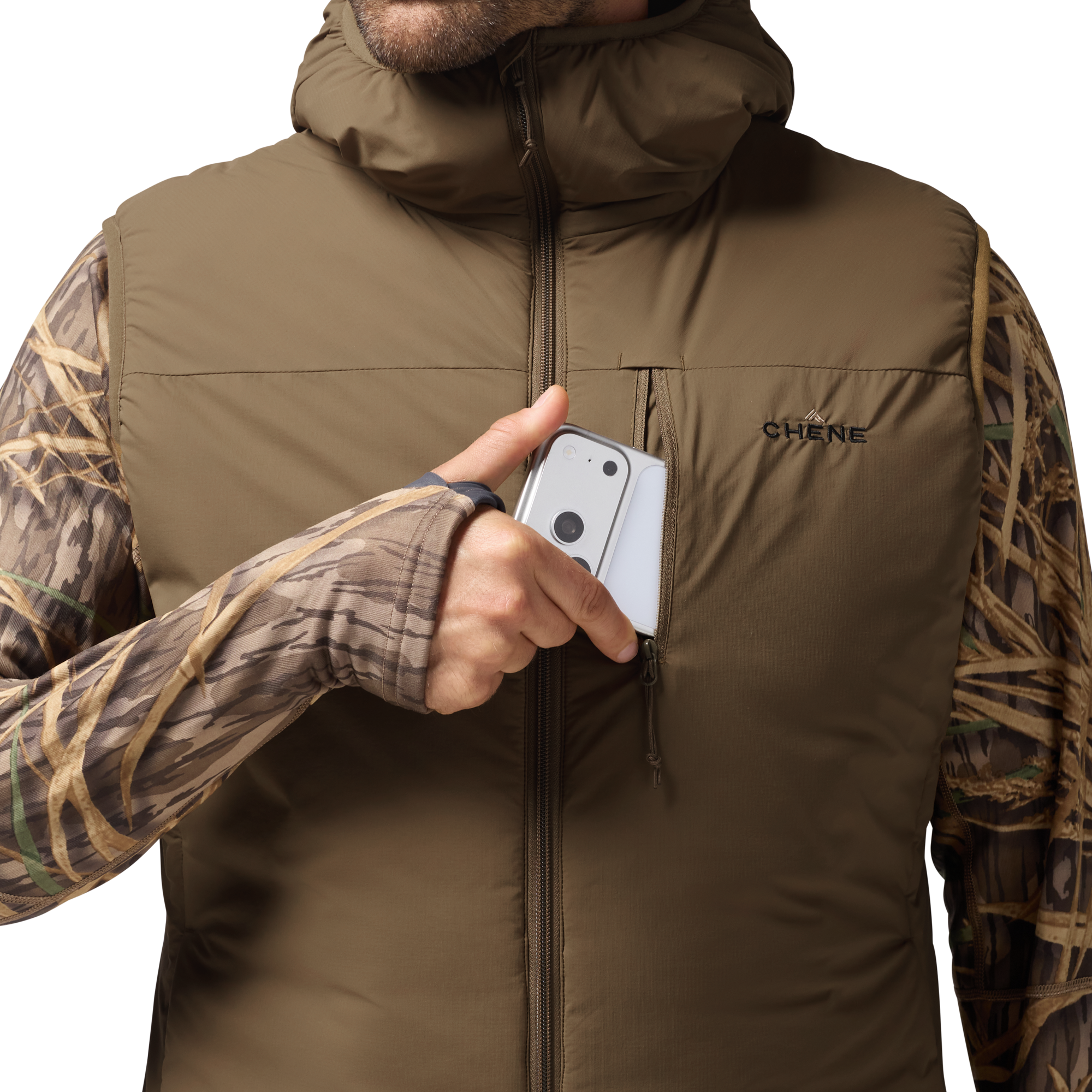 Flyweigh Hooded Vest in Field Khaki, on model #field_khaki