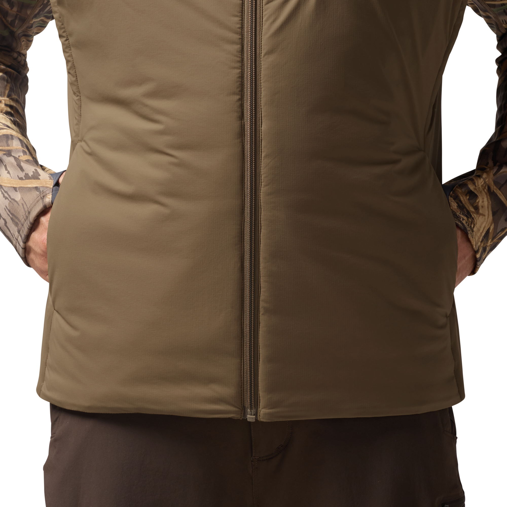 Flyweigh Hooded Vest in Field Khaki, on model #field_khaki