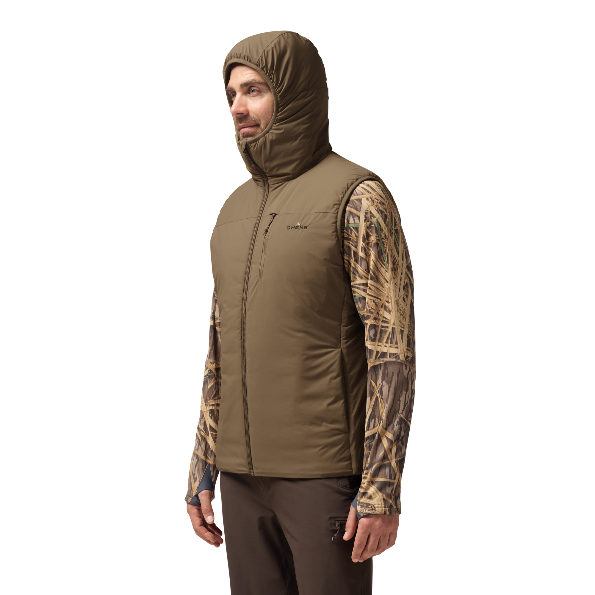 Flyweigh Hooded Vest in Field Khaki, on model #field_khaki