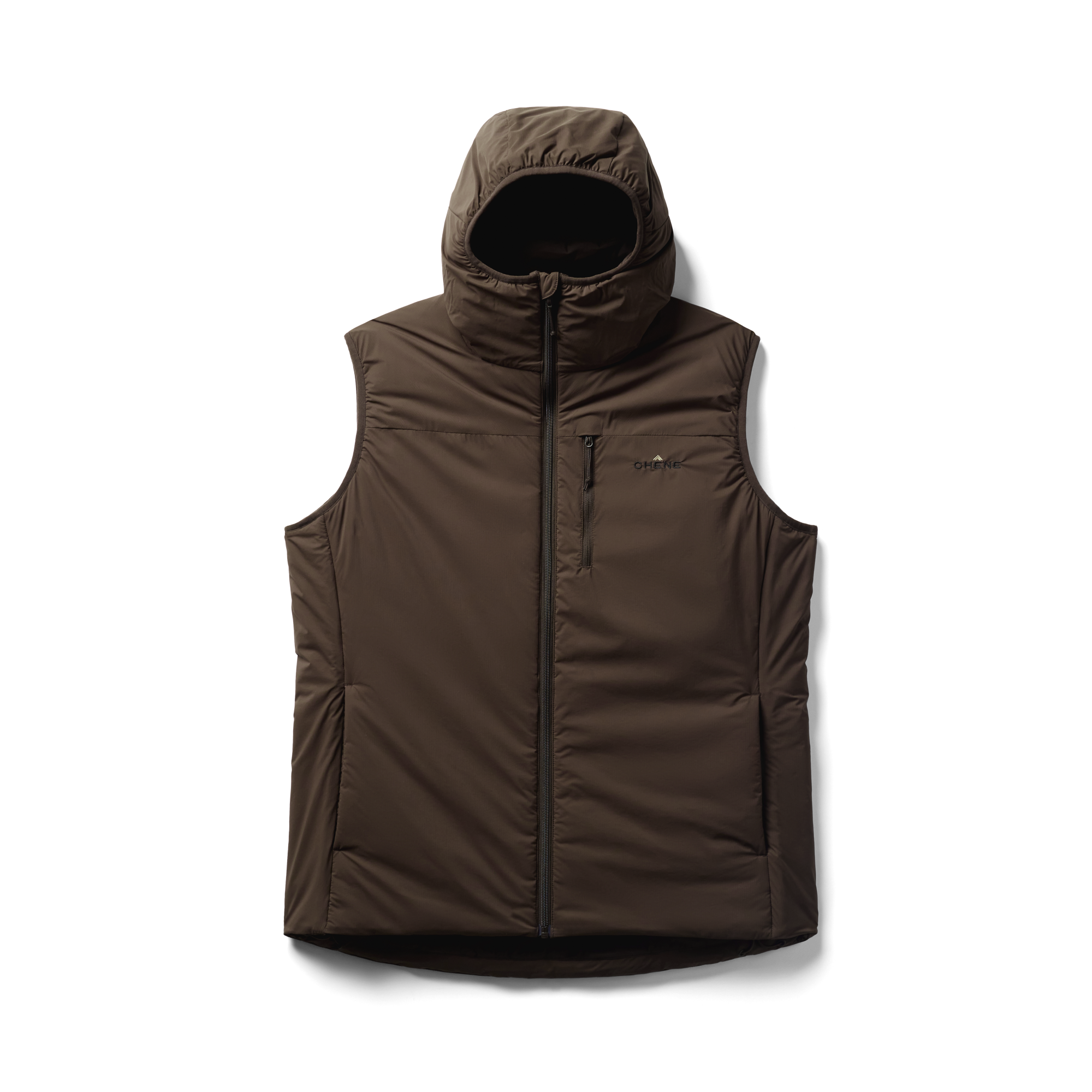 Flyweigh Hooded Vest in Mud, flat lay #mud