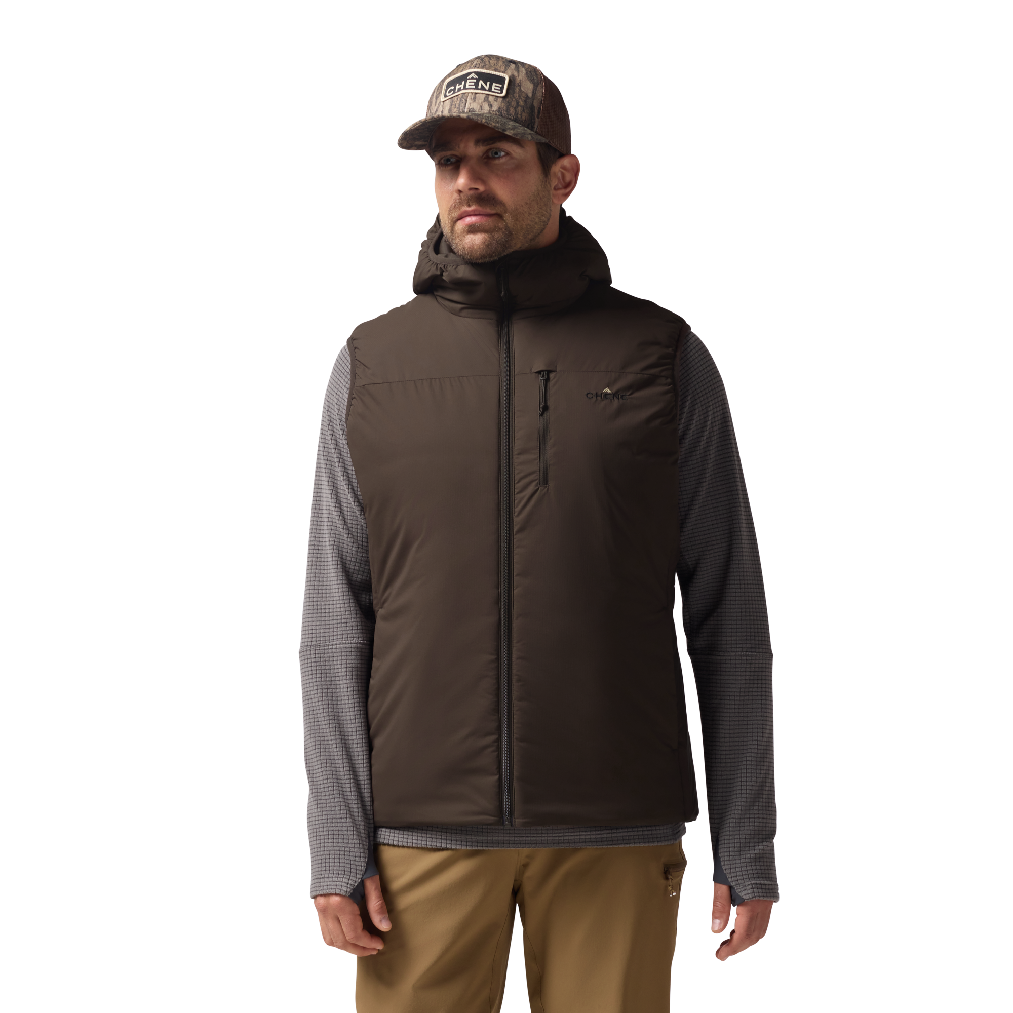 Flyweigh Hooded Vest in Mud, on model #mud