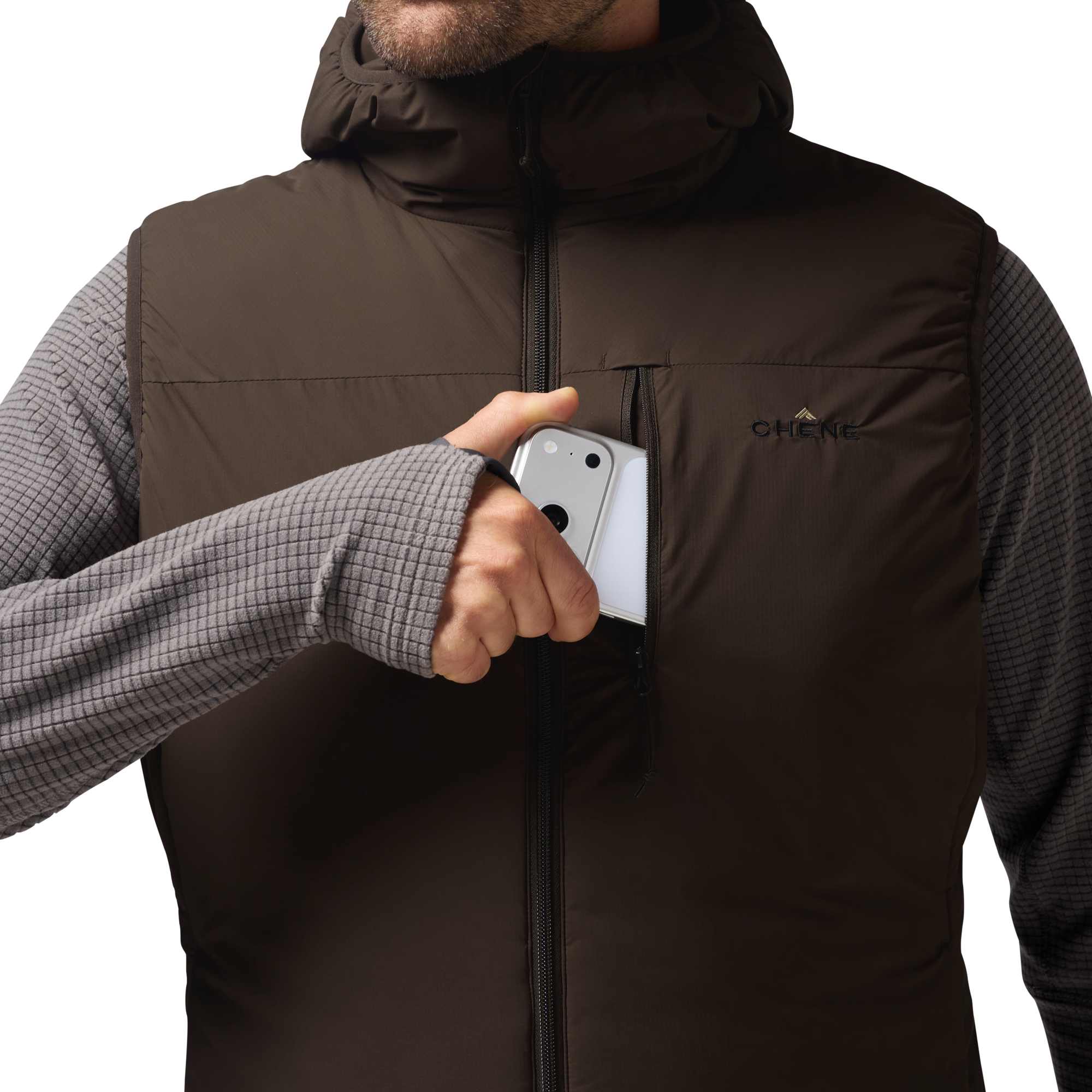 Flyweigh Hooded Vest in Mud, on model #mud