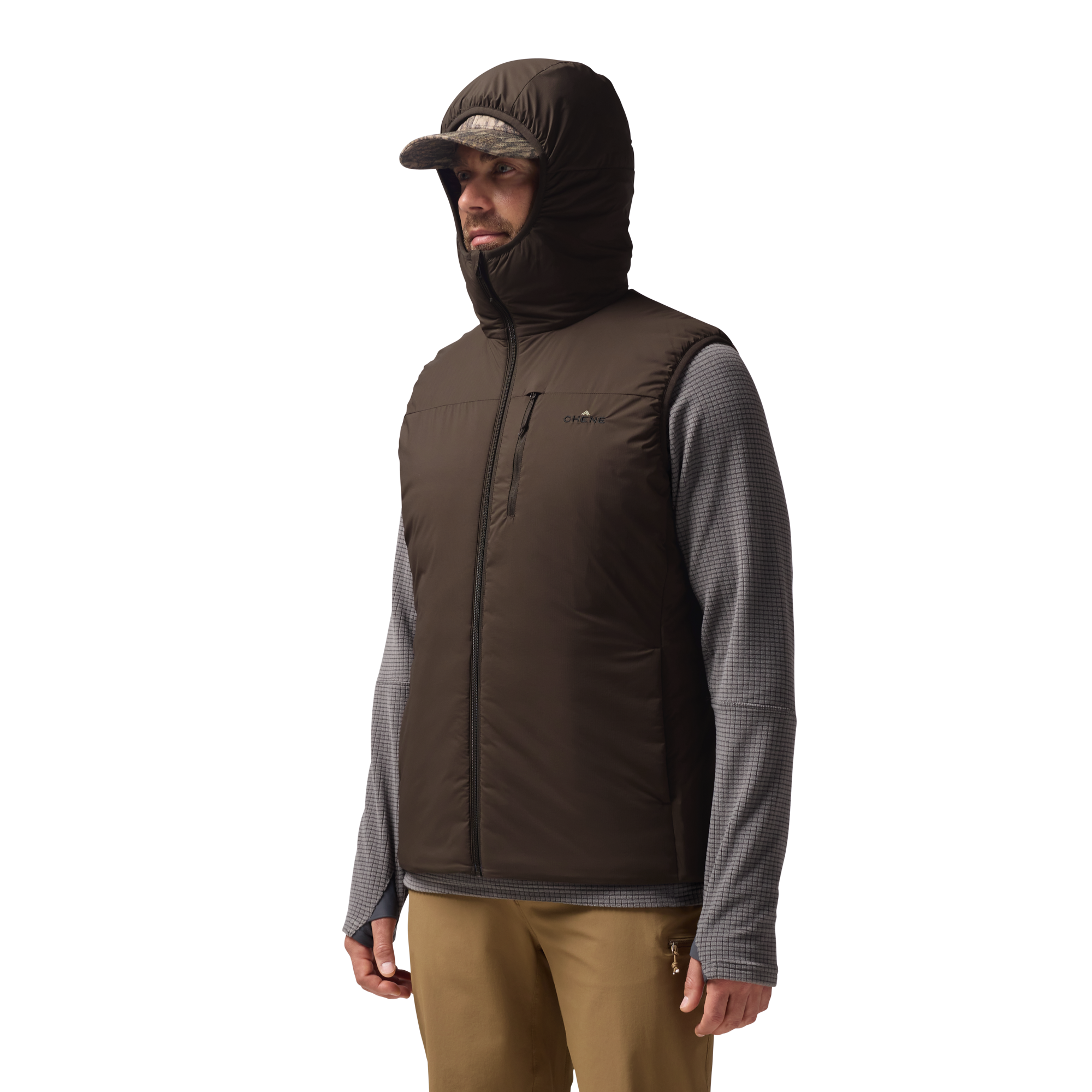 Flyweigh Hooded Vest in Mud, on model #mud