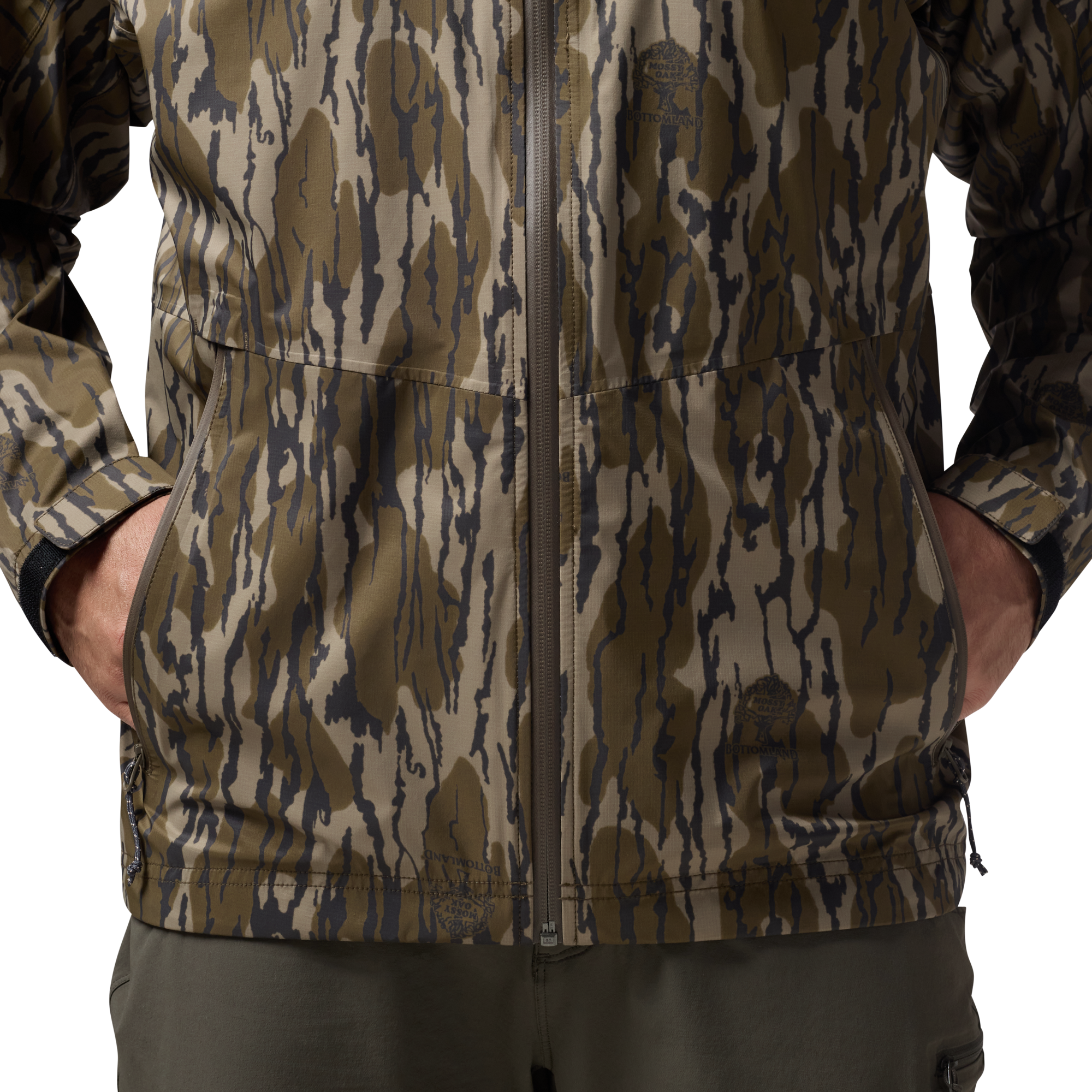 Hydro-Lok Velo Rain Jacket in Mossy Oak Original Bottomland, on model #mossy_oak_original_bottomland