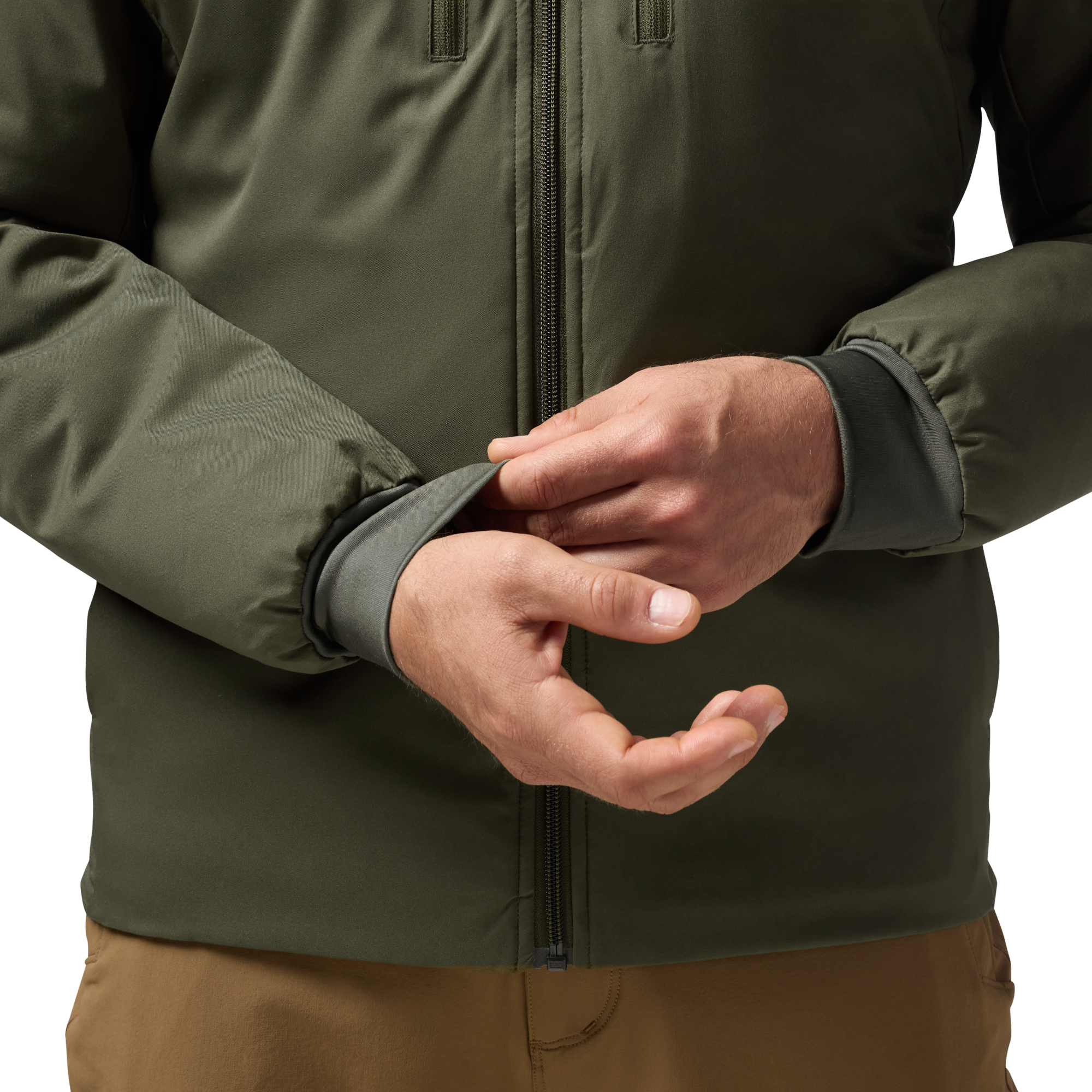 Flyweigh Jacket in Olive, on model #olive