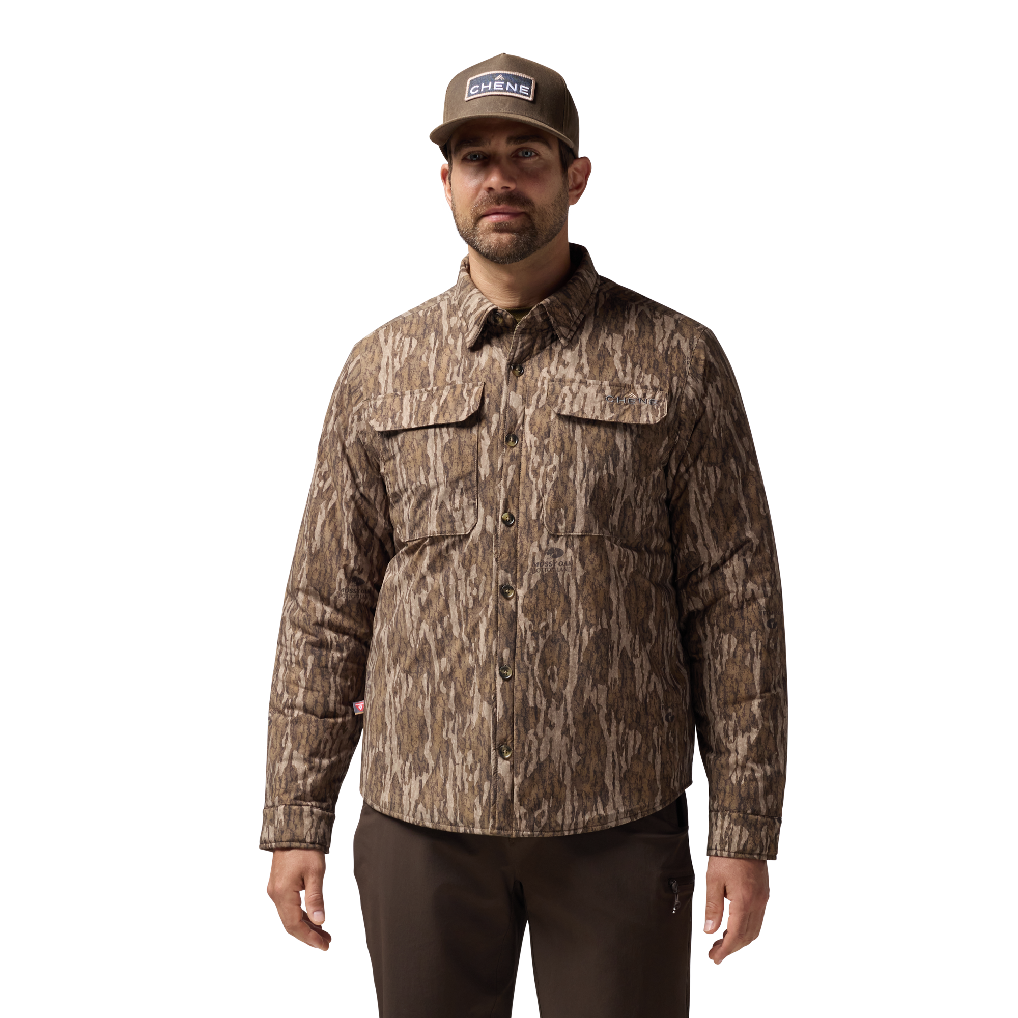 Flyweigh Jac-Shirt in Mossy Oak Bottomland, on model #mossy_oak_bottomland