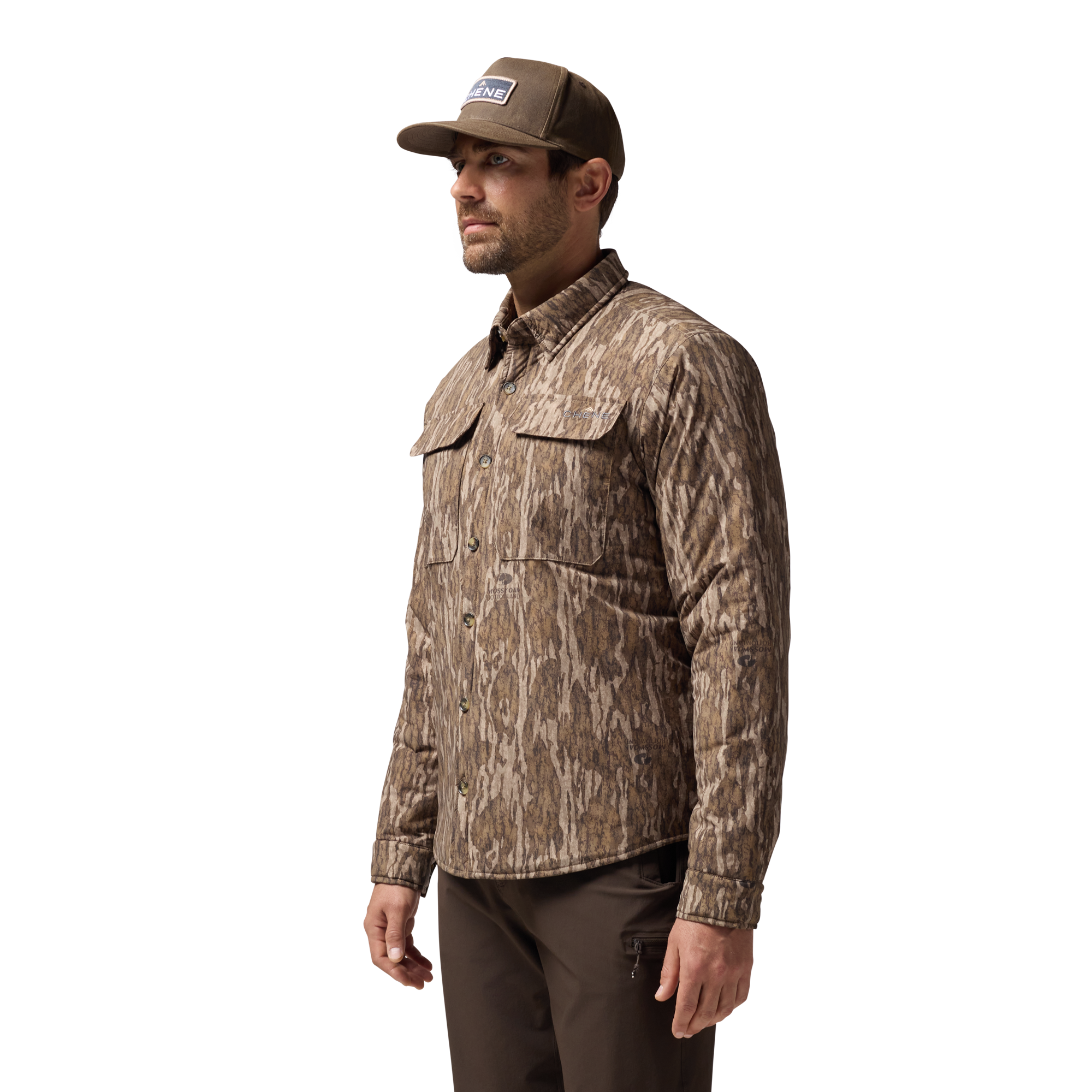 Flyweigh Jac-Shirt in Mossy Oak Bottomland, on model #mossy_oak_bottomland