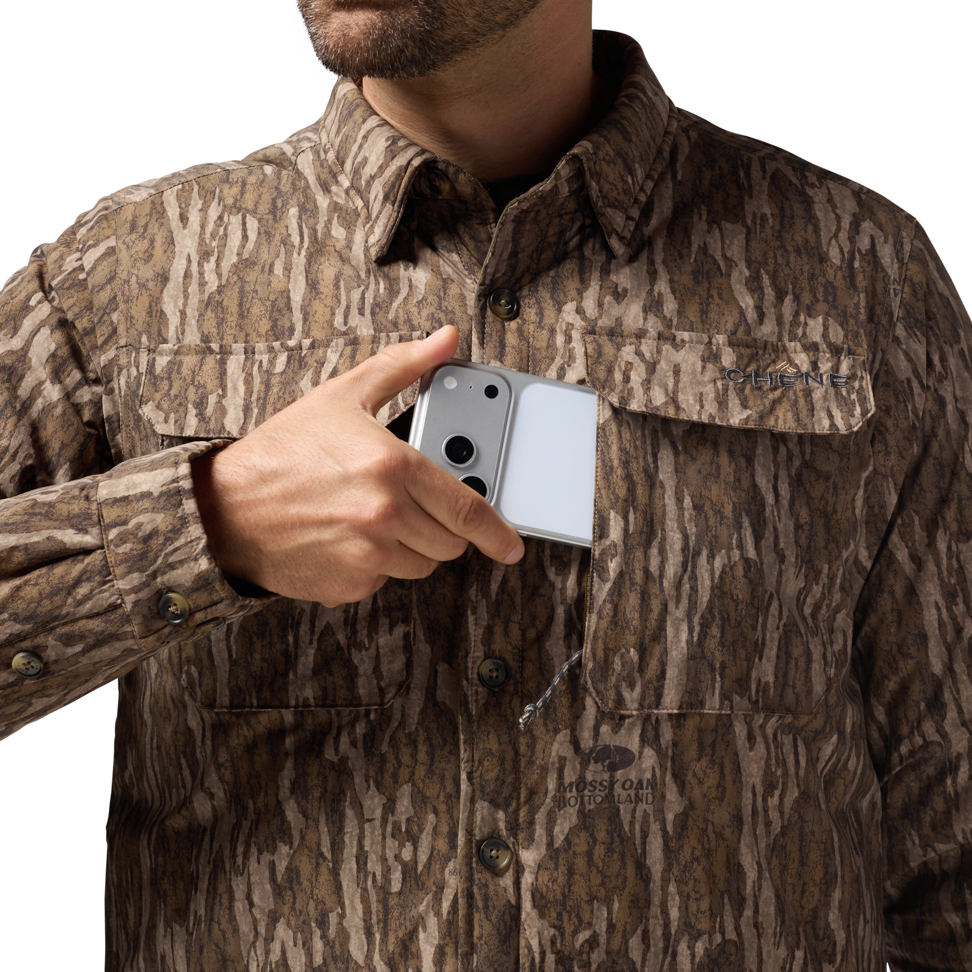 Flyweigh Jac-Shirt in Mossy Oak Bottomland, on model #mossy_oak_bottomland