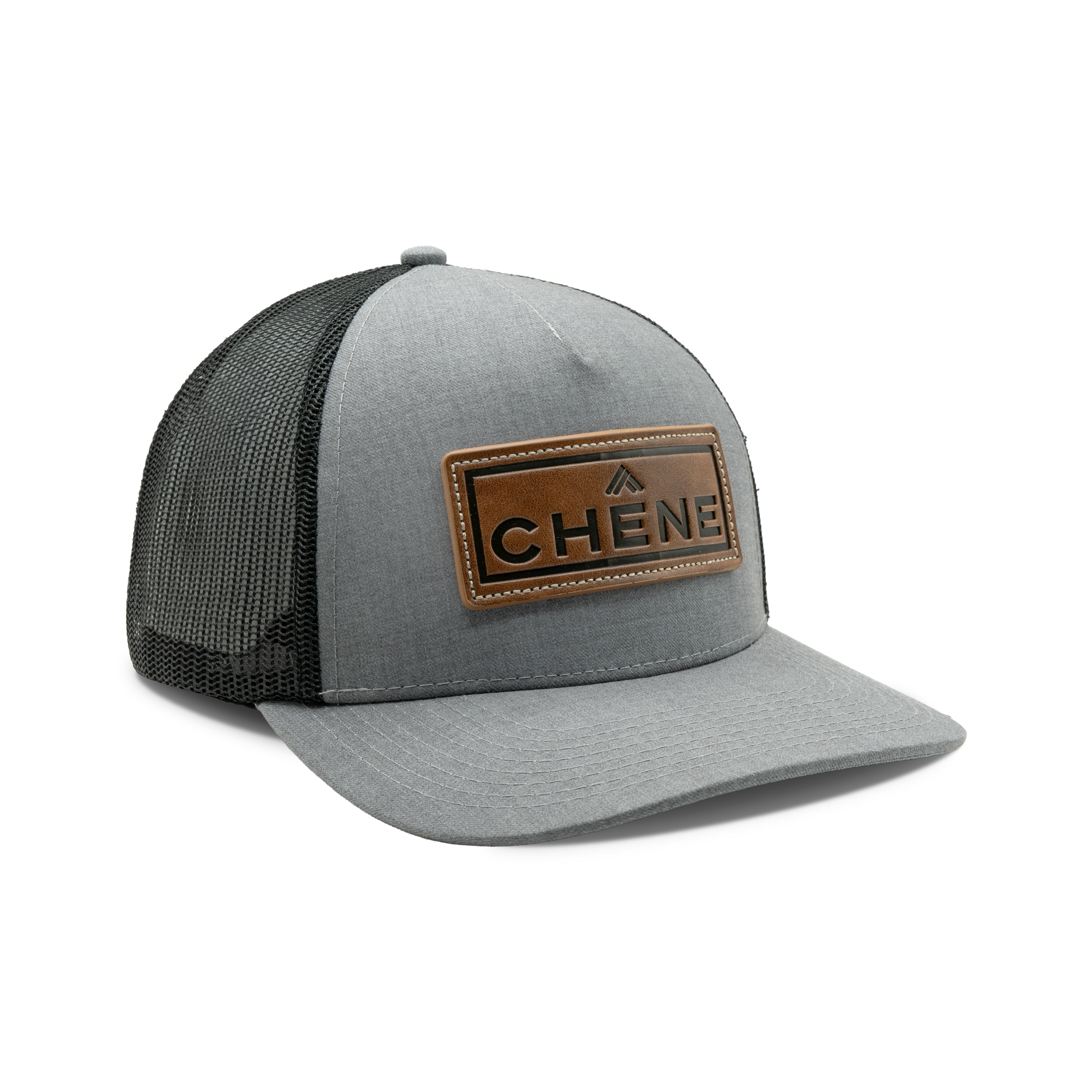 5-Panel Leather Patch Cap in Heather Gray / Black, front view #heather_gray_/_black