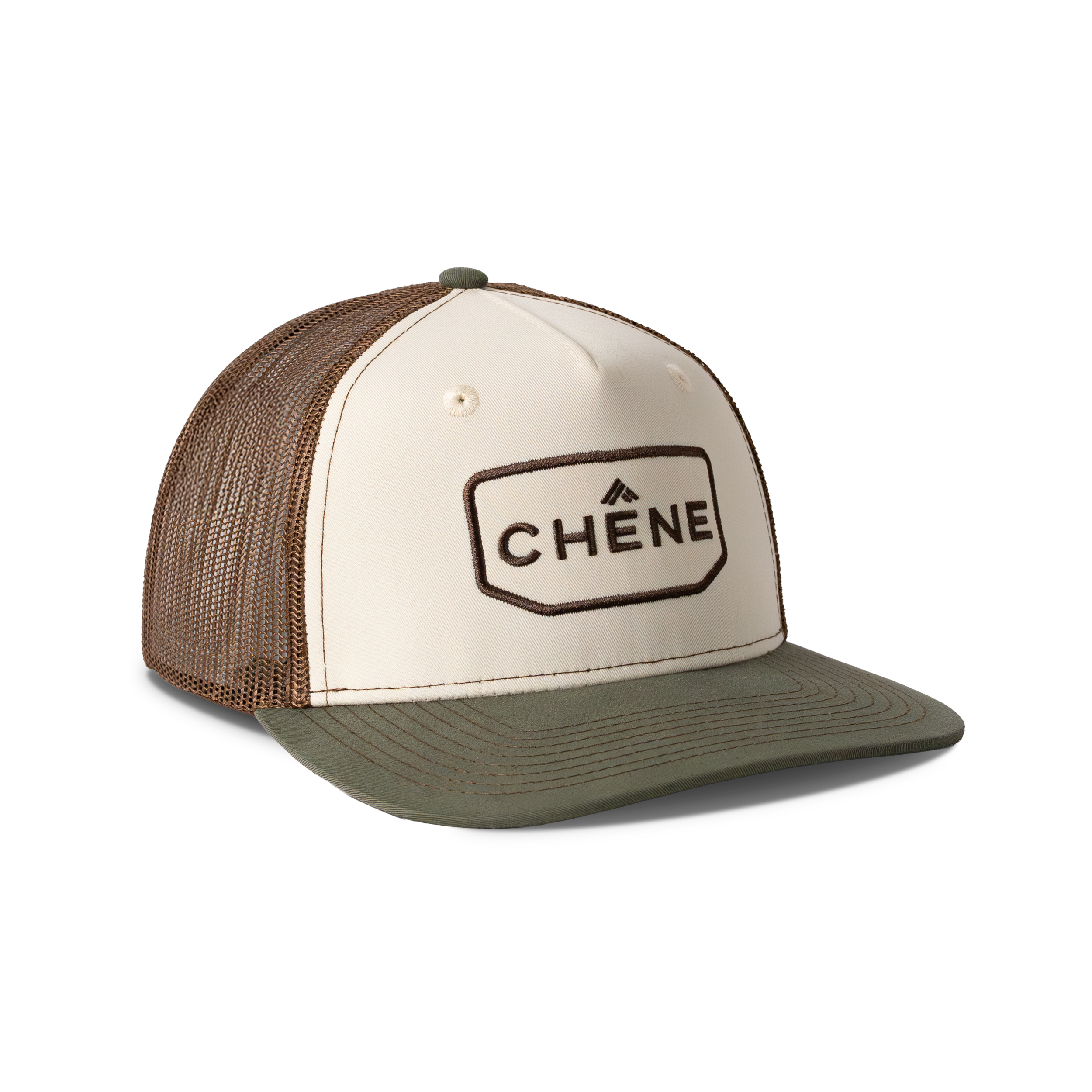 Front view of Natural and Loden colored hat with Chêne Logo #natural_/_loden