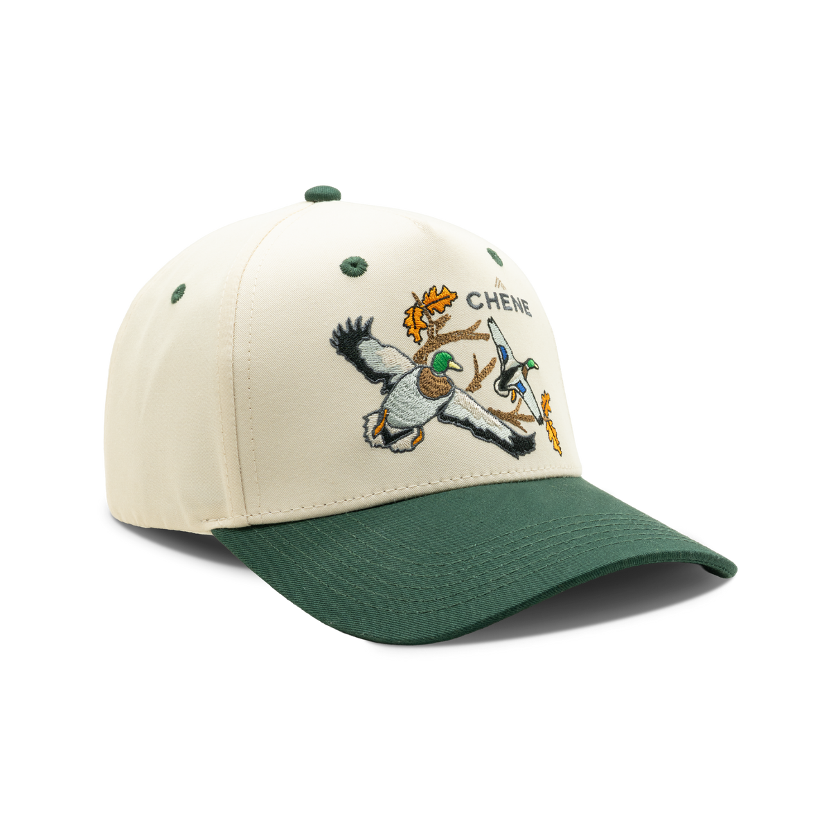 Old School Timber Mallard Cap in Natural / Dark Green, front view