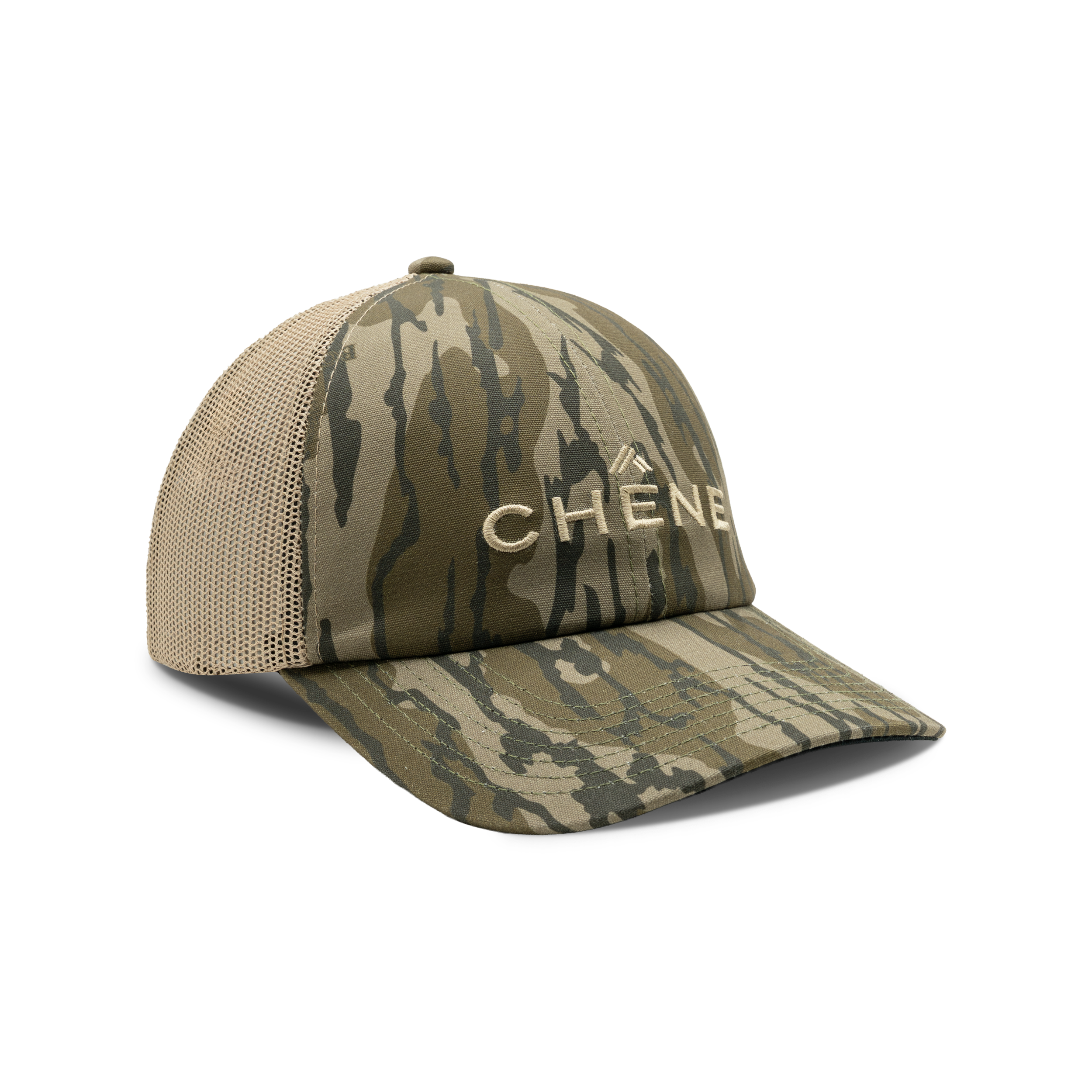 Embroidered Logo Mesh Back Cap in Mossy Oak Original Bottomland / Khaki, front view #mossy_oak_original_bottomland_/_khaki