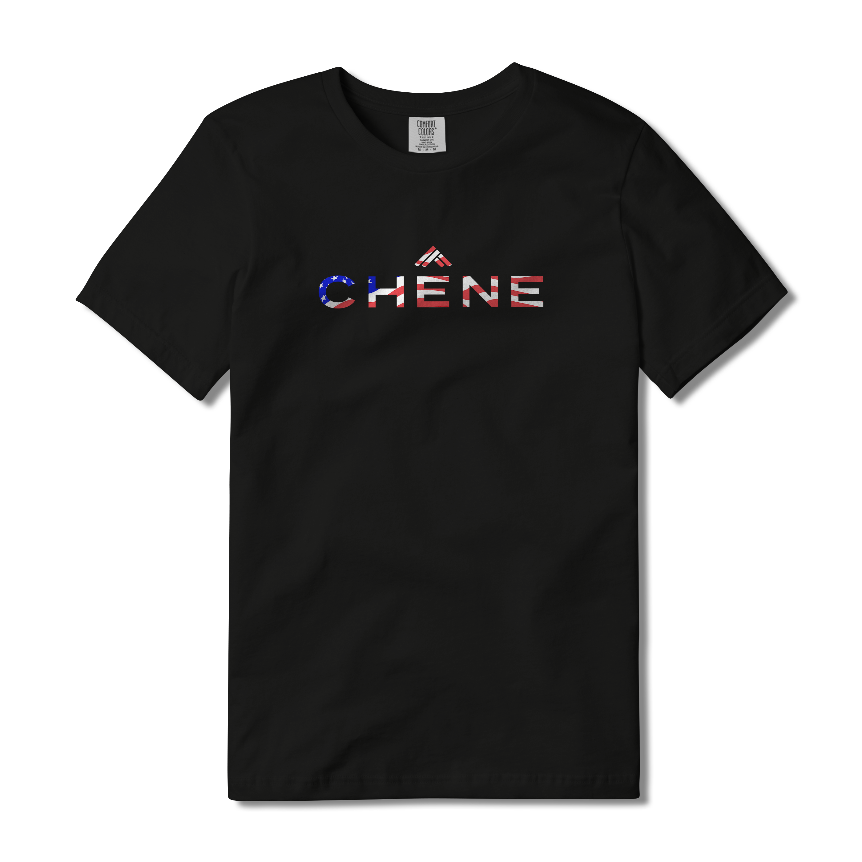 Black t-shirt with red, white, and blue 'CHENE' logo #black