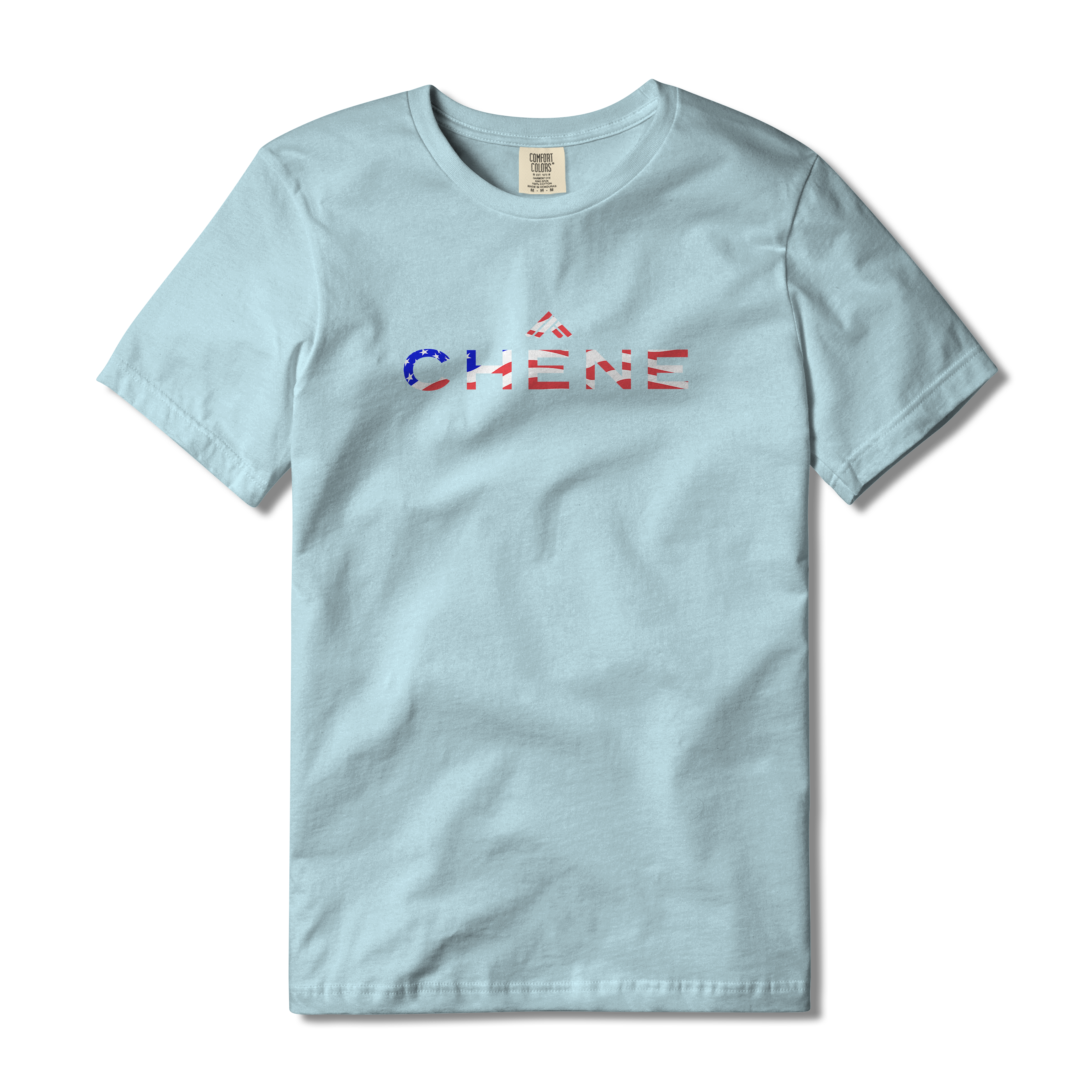 Chambray t-shirt with red, white, and blue 'CHENE' logo #chambray