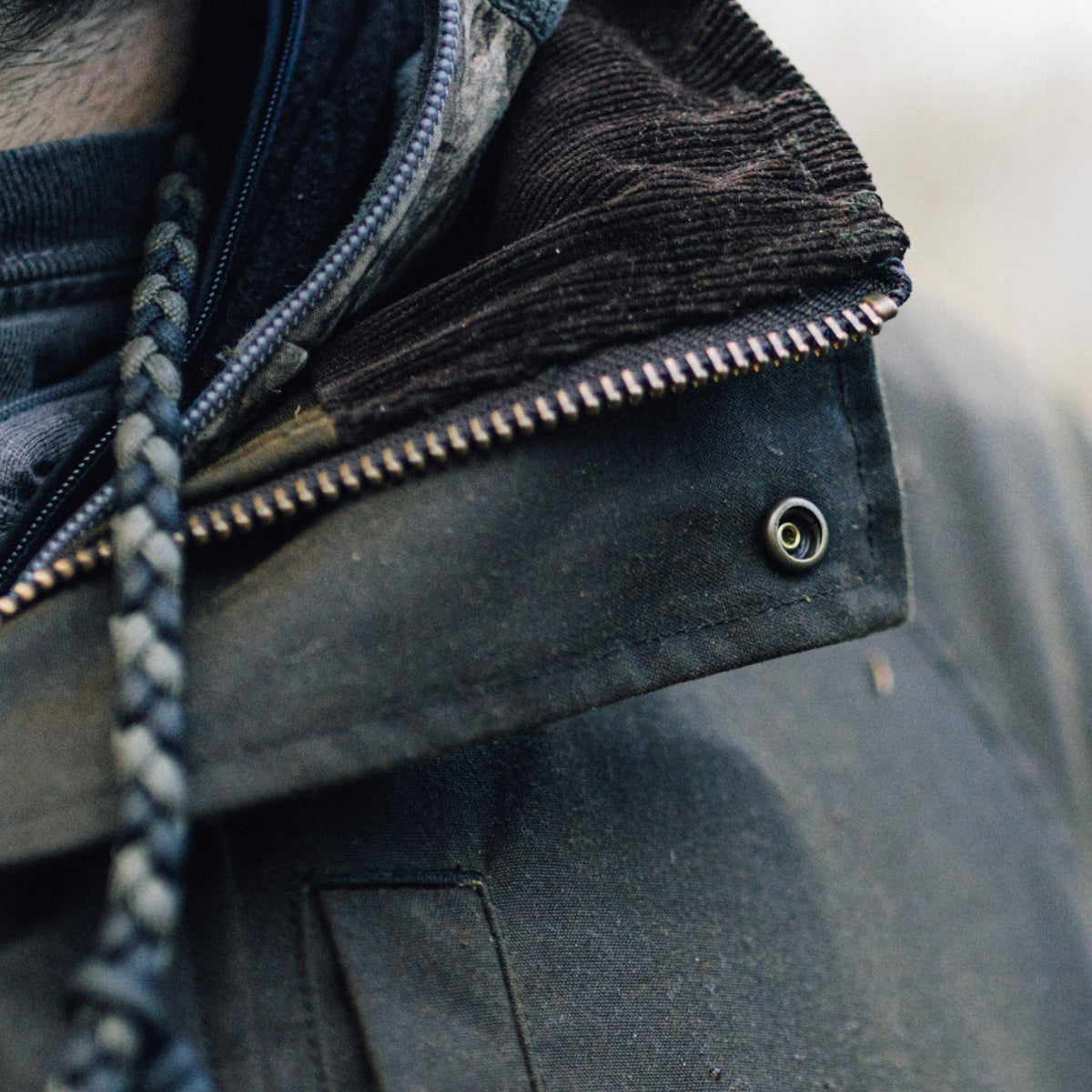 Founders' Reserve waxed cotton, corduroy and flannel lining detail